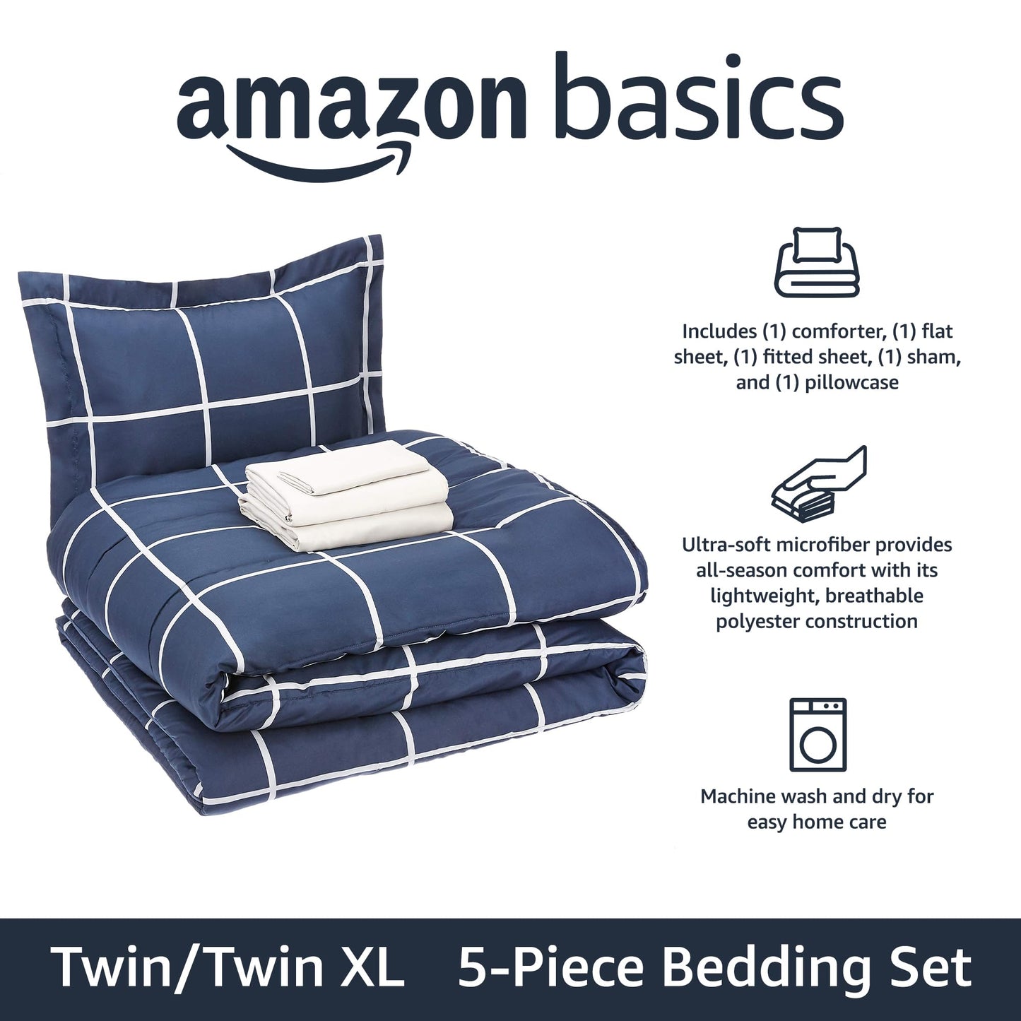 Amazon Basics Twin/Twin XL Comforter Set with Sheets, 5-Piece Navy with Grey Plaid Bedding, Lightweight Microfiber Bed-in-a-Bag