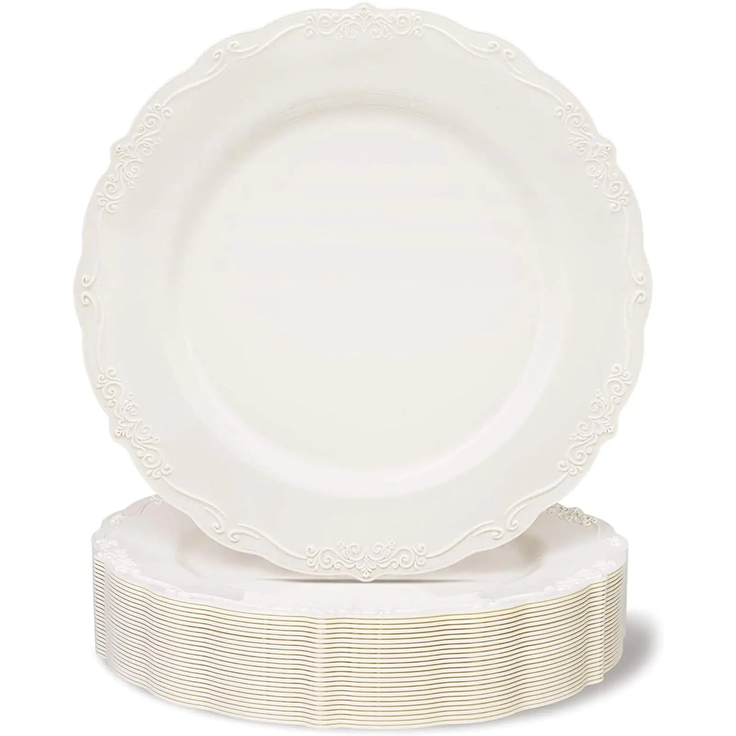 25 Pack Plastic Dinner Plates for Party Cream with Fine Detailing (10 Inches)