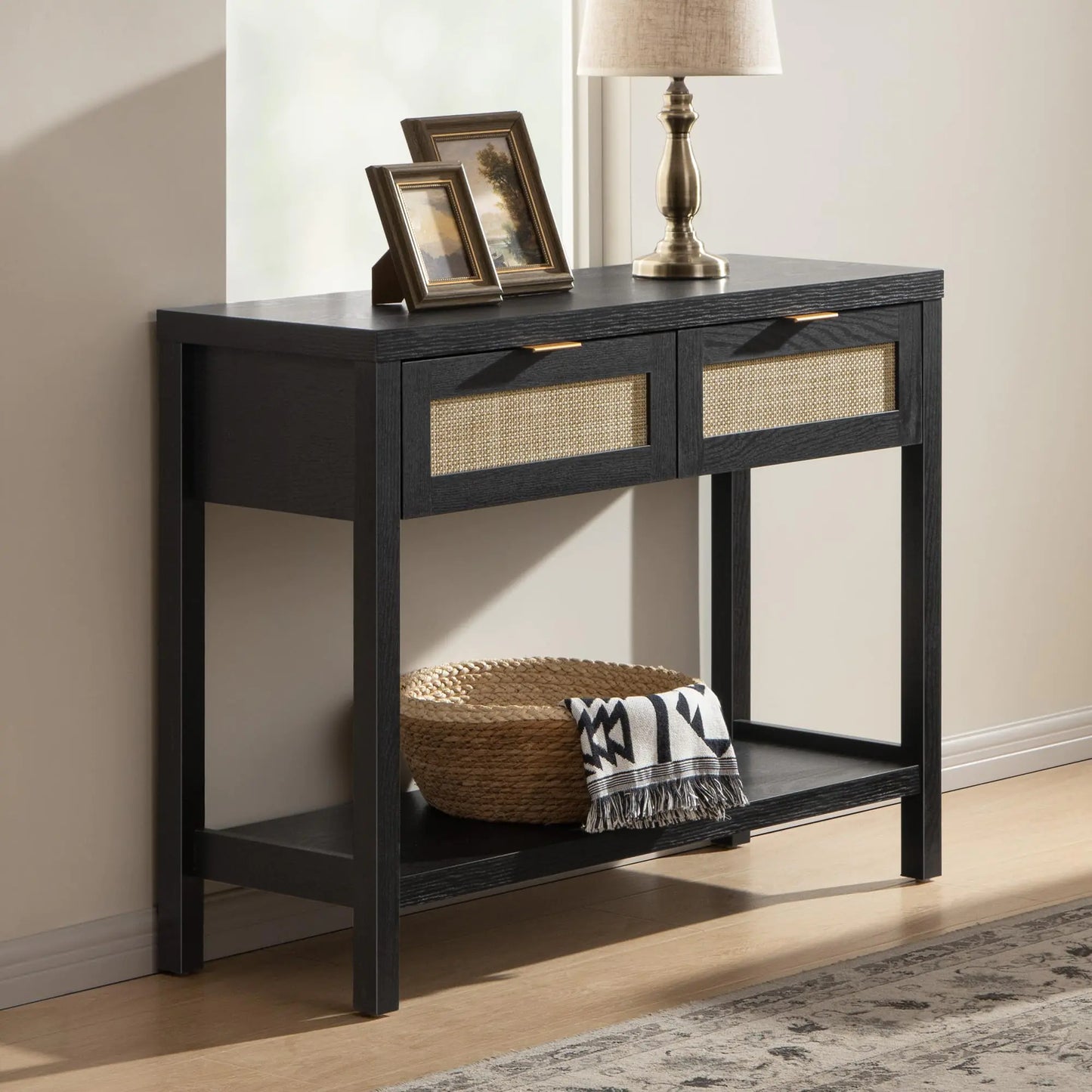 Black Console Table with Rattan Drawers