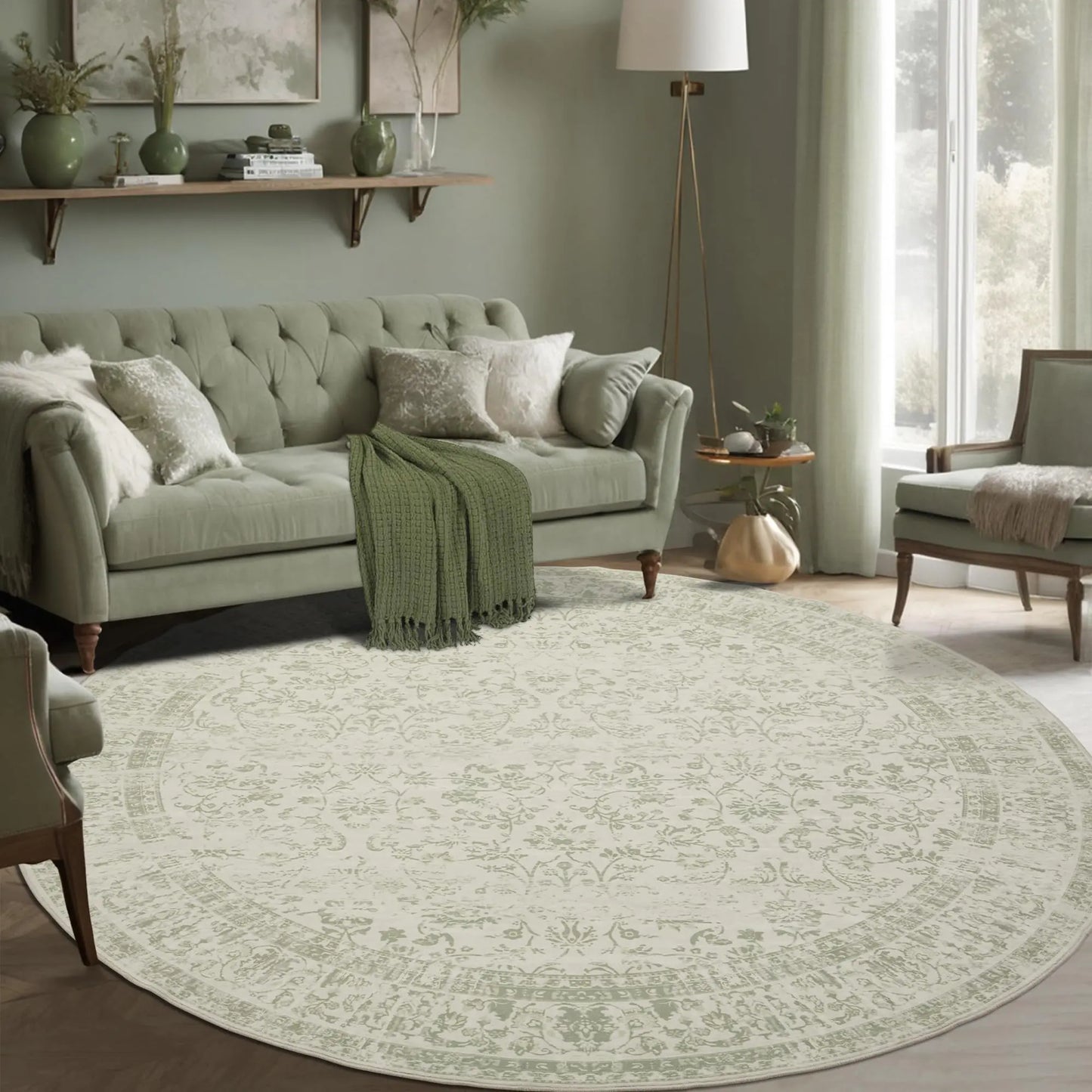 BILEEHOME 6ft Round Vintage Rug - Sage Green