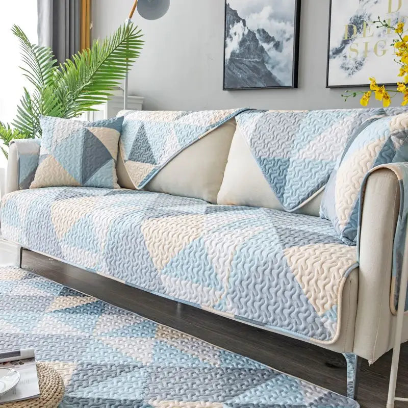 Geometric Blue Non-slip Sofa Cushion and Pillowcase