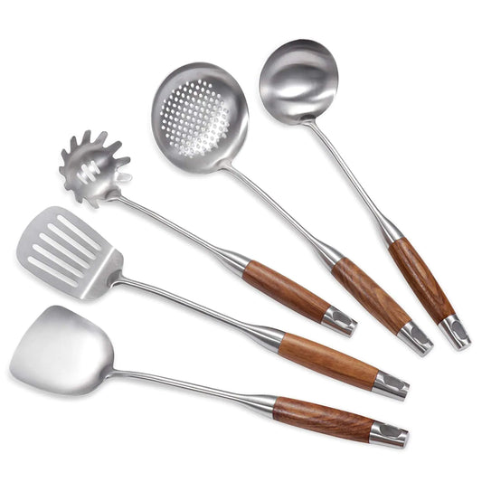 5 Piece Wooden Utensils for Cooking - Stainless Steel