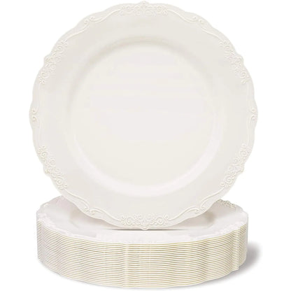 25 Pack Plastic Dinner Plates for Party Cream with Fine Detailing (10 Inches)