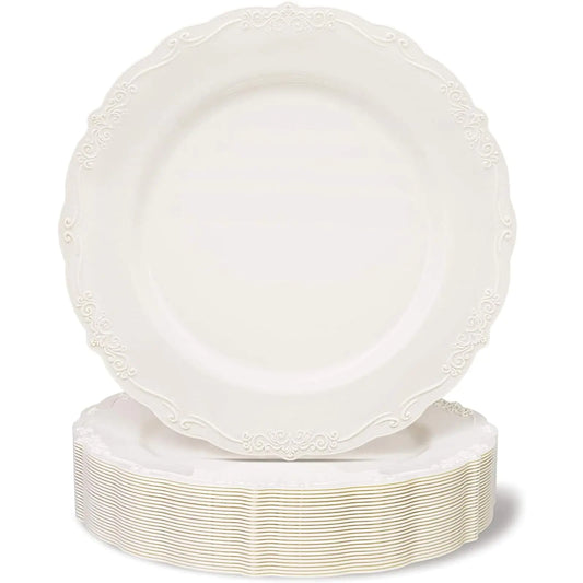 25 Pack Plastic Dinner Plates for Party Cream with Fine Detailing (10 Inches)