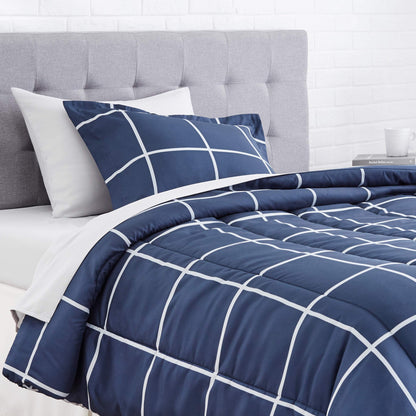 Amazon Basics Twin/Twin XL Comforter Set with Sheets, 5-Piece Navy with Grey Plaid Bedding, Lightweight Microfiber Bed-in-a-Bag