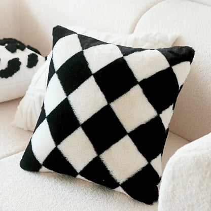 Retro Rabbit Fur Luxury Checkerboard Sofa Cushion