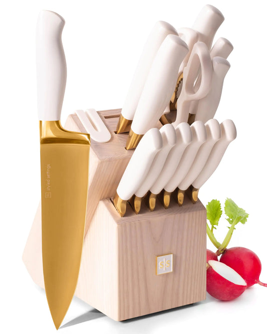 White and Gold Knife Set with Block Self Sharpening - 14 Piece