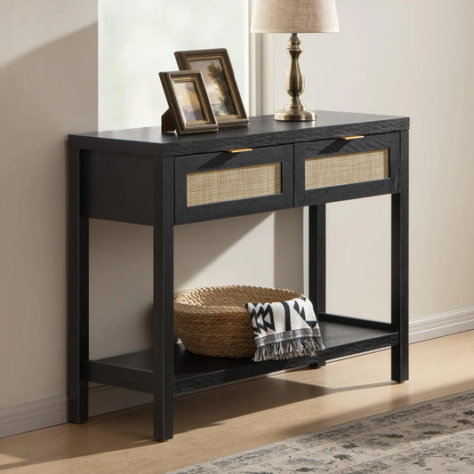 Black Console Table with Rattan Drawers