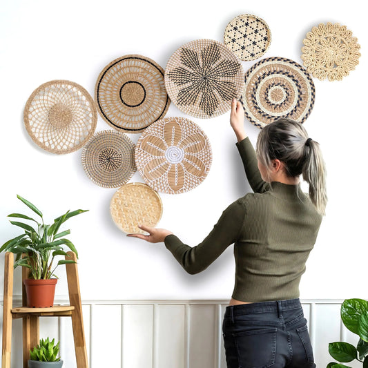 Artisire Boho Wall Basket Decor - Set Of 9 Woven Wall Baskets For Unique Home Decor Round Decorative Hanging Boho Wall Art - Handmade Wicker Basket Wall Decor Set